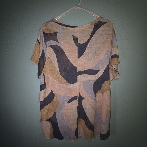 Rachel Zoe Linen T-Shirt Swirl Abstract Print Short Sleeve V-Neck Artsy Tee 2x - Picture 5 of 5